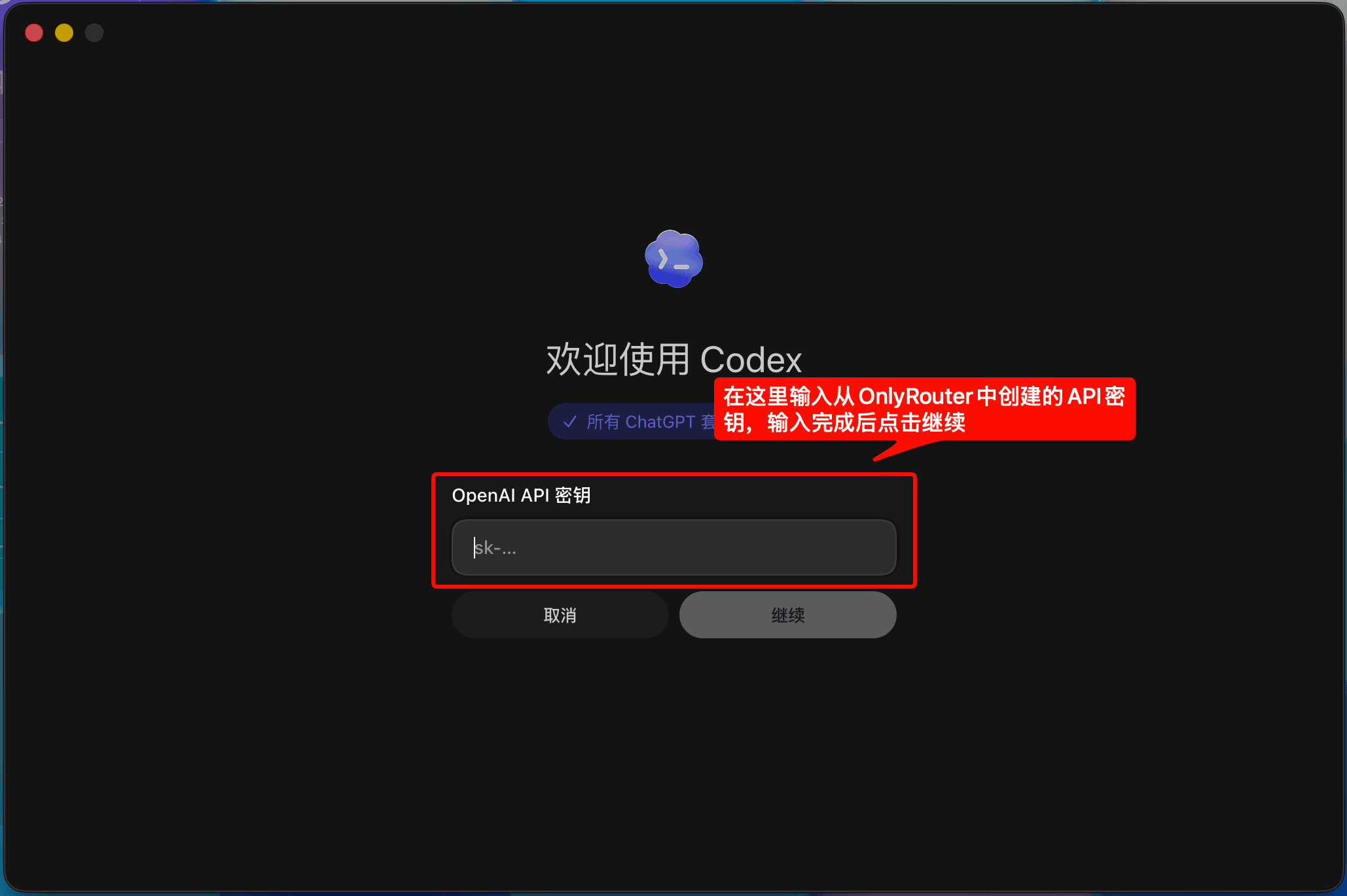 Enter an OnlyRouter API key on the Codex sign-in page
