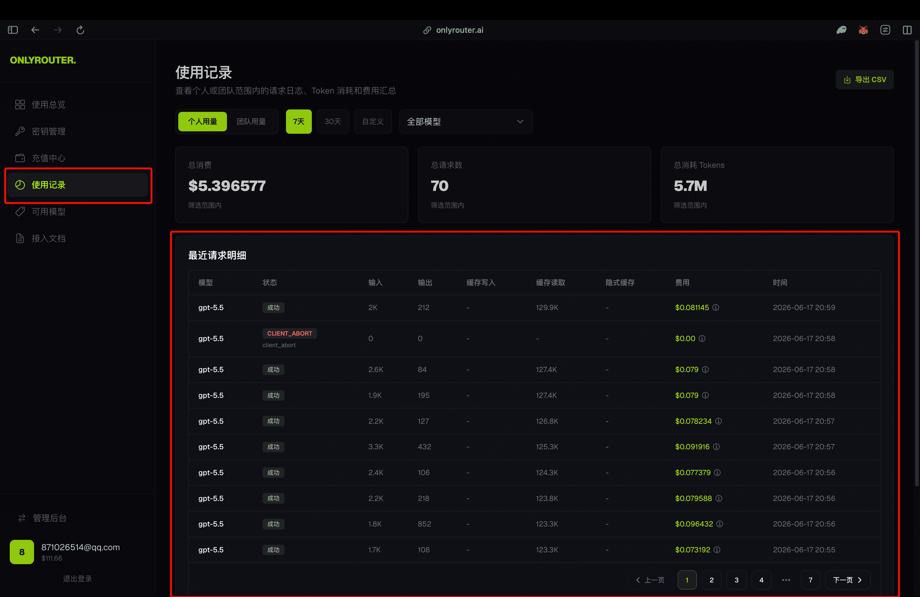 Review Codex call details in OnlyRouter usage records